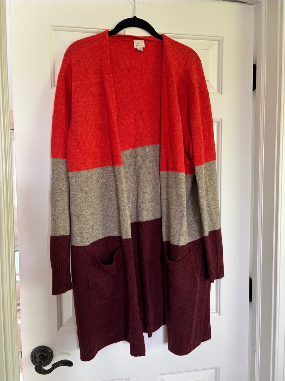A New Day Colorblock Open-Front Cardigan — Burnt Orange, Gray & Burgundy